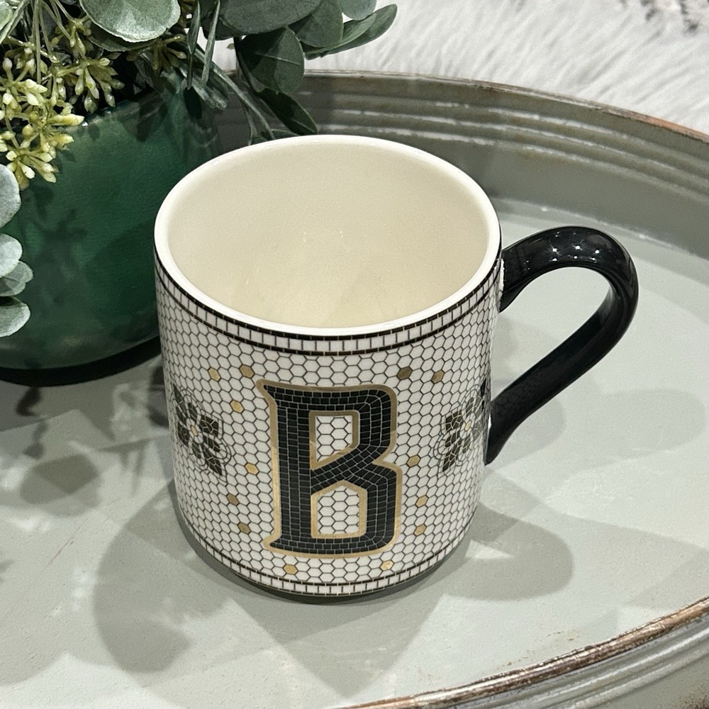 Anthropologie Mosaic Tile Monogram B Margot Mug Ivory Black Gold Bistro EUC